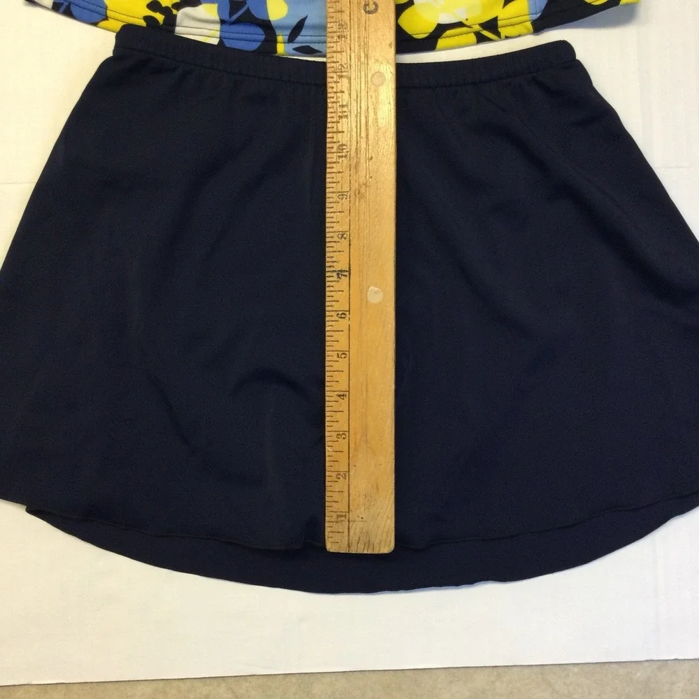Caribbean Joe 2 Piece Swimsuit Floral Top Skirt‎ Bottom Solid Color Navy Sz Sm